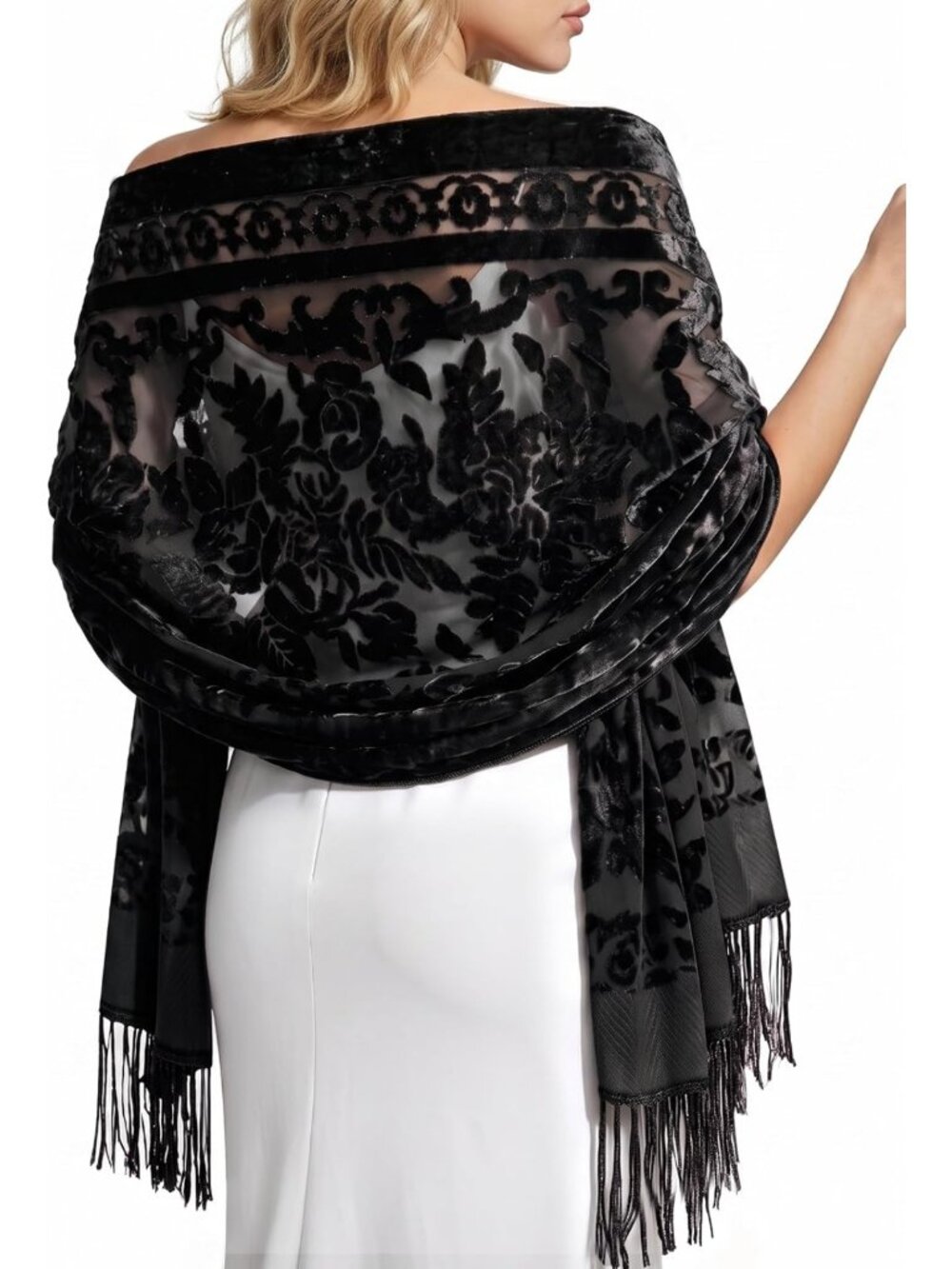 Lace Fringe Velvet Shawl Wrap for Women - Elegant Scarf for Weddings & Evenings